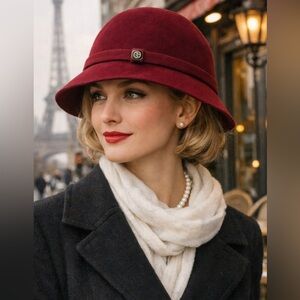 Giorgio Armani Cloche Hat Women 57 Burgundy Rabbit Hair Felt Italy Brim